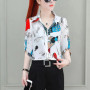 2023 Summer Women's Korean Fashion Printed Chiffon Shirt Ladies Half Sleeve Loose Casual Pullovers Female Elegant Blouse Tops