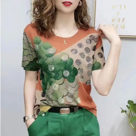 Round Neck T-shirt with Female Temperament Slim Tops Trendy Belly-covering Short Sleeves