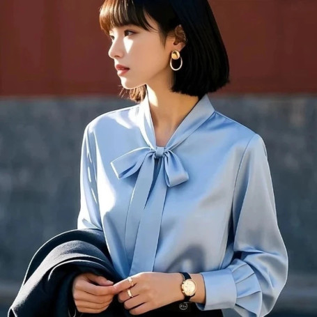 Office Lady Women Clothing Long Sleeve Bow Lacing Shirt Tops Spring Autumn All-match Button Elegant Blouse Fashion Temperament