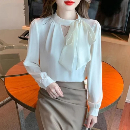 Office Lady Chiffon Loose Youth Blouse Spring Autumn Long Sleeve Solid All-match Elegant Shirt Tops Fashion Korean Women Clothes