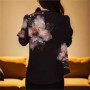 Women's Black Half Sleeve Blouse with Floral Print Sequin Detail Elegant Casual Fashion Top