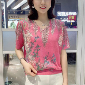 2023 Summer New Fashion V-neck Short Sleeve Floral Printing T-Shirts Women Rhinestone Elegant Temperament Loose Casual Pullovers