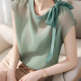 French Style Green Chiffon Shirt 2026 Summer Women Tops Short Sleeved Bow Tie Perspective Pullovers Blouse