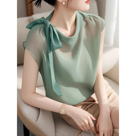French Style Green Chiffon Shirt 2026 Summer Women Tops Short Sleeved Bow Tie Perspective Pullovers Blouse