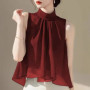 French Style Summer Vest Tops For Women Sleeveless Chiffon Blouse Stand Collar Gradient Color Casual Loose Shirt