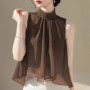 French Style Summer Vest Tops For Women Sleeveless Chiffon Blouse Stand Collar Gradient Color Casual Loose Shirt