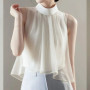 French Style Summer Vest Tops For Women Sleeveless Chiffon Blouse Stand Collar Gradient Color Casual Loose Shirt