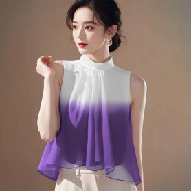 French Style Summer Vest Tops For Women Sleeveless Chiffon Blouse Stand Collar Gradient Color Casual Loose Shirt