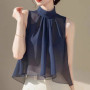 French Style Summer Vest Tops For Women Sleeveless Chiffon Blouse Stand Collar Gradient Color Casual Loose Shirt