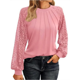 Elegant Lace Pleated Solid Color Shirts Women's Round Neck Lantern Long Sleeved Blouse Autumn Daily Casual Top