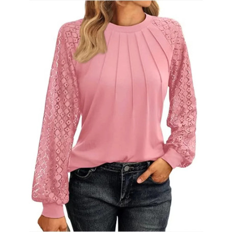 Elegant Lace Pleated Solid Color Shirts Women's Round Neck Lantern Long Sleeved Blouse Autumn Daily Casual Top