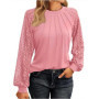 Elegant Lace Pleated Solid Color Shirts Women's Round Neck Lantern Long Sleeved Blouse Autumn Daily Casual Top