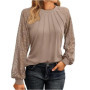 Elegant Lace Pleated Solid Color Shirts Women's Round Neck Lantern Long Sleeved Blouse Autumn Daily Casual Top