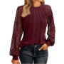 Elegant Lace Pleated Solid Color Shirts Women's Round Neck Lantern Long Sleeved Blouse Autumn Daily Casual Top