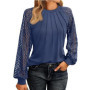 Elegant Lace Pleated Solid Color Shirts Women's Round Neck Lantern Long Sleeved Blouse Autumn Daily Casual Top