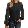 Elegant Lace Pleated Solid Color Shirts Women's Round Neck Lantern Long Sleeved Blouse Autumn Daily Casual Top