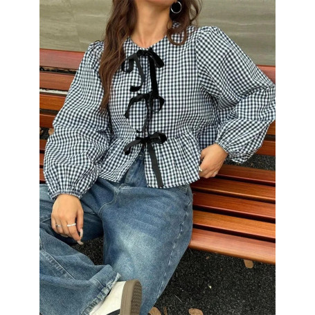 Plaid Lantern Long Sleeve Blouse for Women Spring Autumn Y2K Clothes Sweet Style Loose Knot Front Round Neck Top Streetweawr