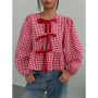 Plaid Lantern Long Sleeve Blouse for Women Spring Autumn Y2K Clothes Sweet Style Loose Knot Front Round Neck Top Streetweawr