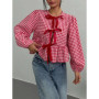 Plaid Lantern Long Sleeve Blouse for Women Spring Autumn Y2K Clothes Sweet Style Loose Knot Front Round Neck Top Streetweawr