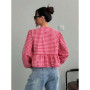 Plaid Lantern Long Sleeve Blouse for Women Spring Autumn Y2K Clothes Sweet Style Loose Knot Front Round Neck Top Streetweawr