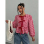 Plaid Lantern Long Sleeve Blouse for Women Spring Autumn Y2K Clothes Sweet Style Loose Knot Front Round Neck Top Streetweawr