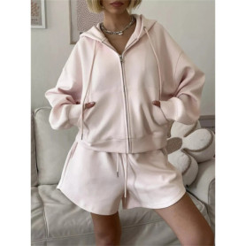 Fashion women's clothing Women's hooded large pocket sweatshirt shorts two piece casual suit zipper cardigan women's clothing