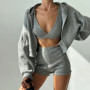 Solid Sport 3 Piece Set Crop Vest Hoodie Tracksuit Women Casual Sweatshirt Coat Mini Short Matching Set Sportswear 3 PCS Outfit