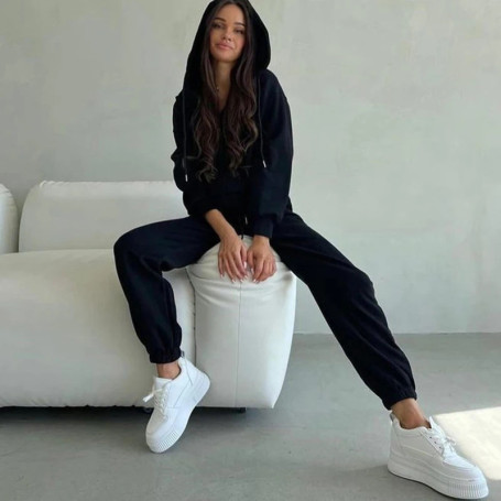 Women's sportswear two pieces set Solid color long sleeved zipper hoodie Elastic lace-up pants Spring female tracksuit suit