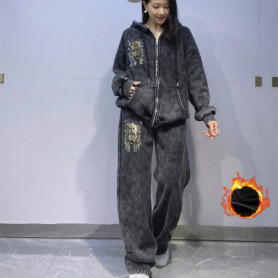 Fashion Tie Dye Two Piece Sets Womens Outifits Casual Zipper Cardigan Winter Fleece Tracksuit Hooded Tops and Long Pants Suits