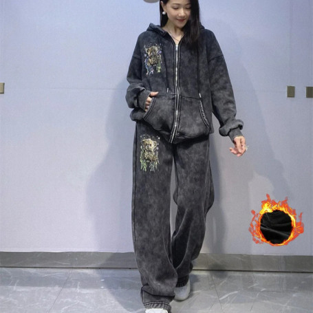 Fashion Tie Dye Two Piece Sets Womens Outifits Casual Zipper Cardigan Winter Fleece Tracksuit Hooded Tops and Long Pants Suits