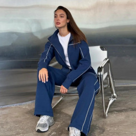 Street Striped Sweatshirt Pants Set Women Casual Lapel Zipper Full Sleeves Jacket Long Straight Trousers Sporty Lady Tracksuit