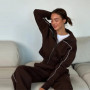 Street Striped Sweatshirt Pants Set Women Casual Lapel Zipper Full Sleeves Jacket Long Straight Trousers Sporty Lady Tracksuit