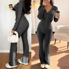 Women's 2 Piece Sweatsuits Zip Up Hoodies And Bell Bottom Pants Ribbed Knit Outfits Sexy Bodycon Workout Tracksuits 여성 트랙스루트