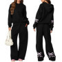 Combhasaki Womens 2Piece Y2K Loose Outfits Set Bow Print Long Sleeve Hooded Pullover Sweatshirts + Elastic Waist Pants Tracksuit