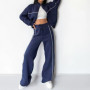 Women Casual Set Long Sleeved Zipper Cardigan Sweathirts Lace up Striped Pants Women's Clothing Pants Sets 2 Piece Sets