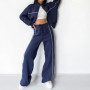Women Casual Set Long Sleeved Zipper Cardigan Sweathirts Lace up Striped Pants Women's Clothing Pants Sets 2 Piece Sets