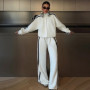 Casual Striped Contrast Sweatshirt Pants Set Women Edgy Stand Collar Zipper Jacket Long Straight Trousers Sport 2-Piece Set Lady