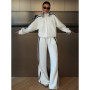 Casual Striped Contrast Sweatshirt Pants Set Women Edgy Stand Collar Zipper Jacket Long Straight Trousers Sport 2-Piece Set Lady
