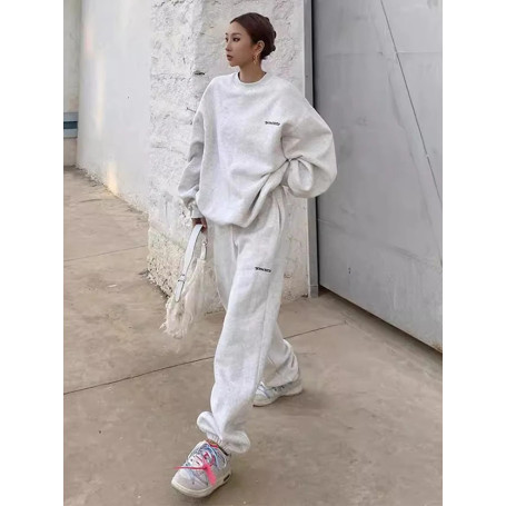 American Vintage Gray Casual Sports Suit Female Spring Loose Grunge O-neck Sweatshirt Trousers Two-piece Set Women's Suits
