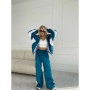 Women's Casual Set Fashion Loose Color Block Long Sleeve Zipper Cardigan Contrast Color Top Long Pants Sports Set