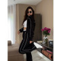 European And American Casual Suit Long-sleeved Zipper Cardigan Loose Striped Sweatshirt Elastic Wide-leg Pants Two-piece Set