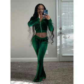 Weird Puss Flocking Tracksuits 2-Piece Set Women Zip Jacket+Drawstring Flare Pants Matching Sporty Stretch Hottie Slim Outfits