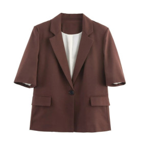 Topenomi Brown Short Sleeve Blazer Coats Women 2025 Autumn New Single Button Suits Jacket Elegant Fashion Versatile Tops Mujer