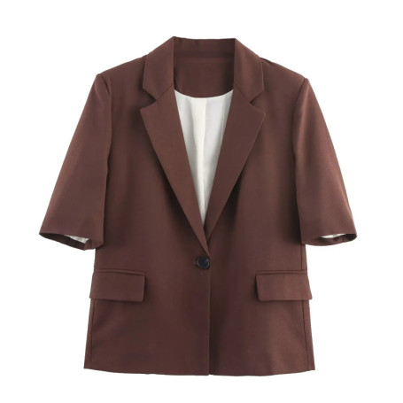 Topenomi Brown Short Sleeve Blazer Coats Women 2025 Autumn New Single Button Suits Jacket Elegant Fashion Versatile Tops Mujer
