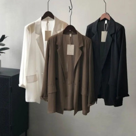 All-match Turn-down Collar Solid Color Pockets Button Chiffon Cardigan Shirt Coats Formal Women's Clothing Spring Summer Tops