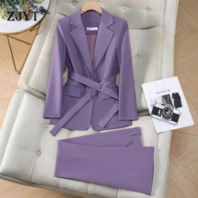 ZJYT Elegant Purple Suit Trousers Women Spring 2026 Fashion Business Chic Formal Office Lady Blazer Pants Sets Plus Size Outfit