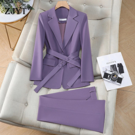 ZJYT Elegant Purple Suit Trousers Women Spring 2026 Fashion Business Chic Formal Office Lady Blazer Pants Sets Plus Size Outfit