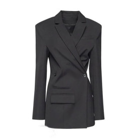 MYMX Spring Autumn Black Wool Blends Slanted Padded Shoulder Blazer For Women Lapel Slim Suit Jacket New MX721