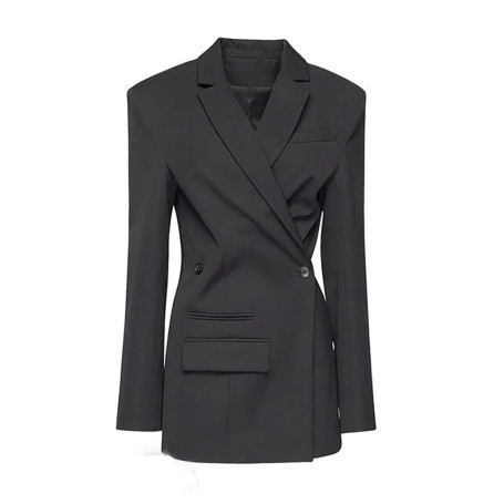 MYMX Spring Autumn Black Wool Blends Slanted Padded Shoulder Blazer For Women Lapel Slim Suit Jacket New MX721