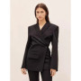MYMX Spring Autumn Black Wool Blends Slanted Padded Shoulder Blazer For Women Lapel Slim Suit Jacket New MX721
